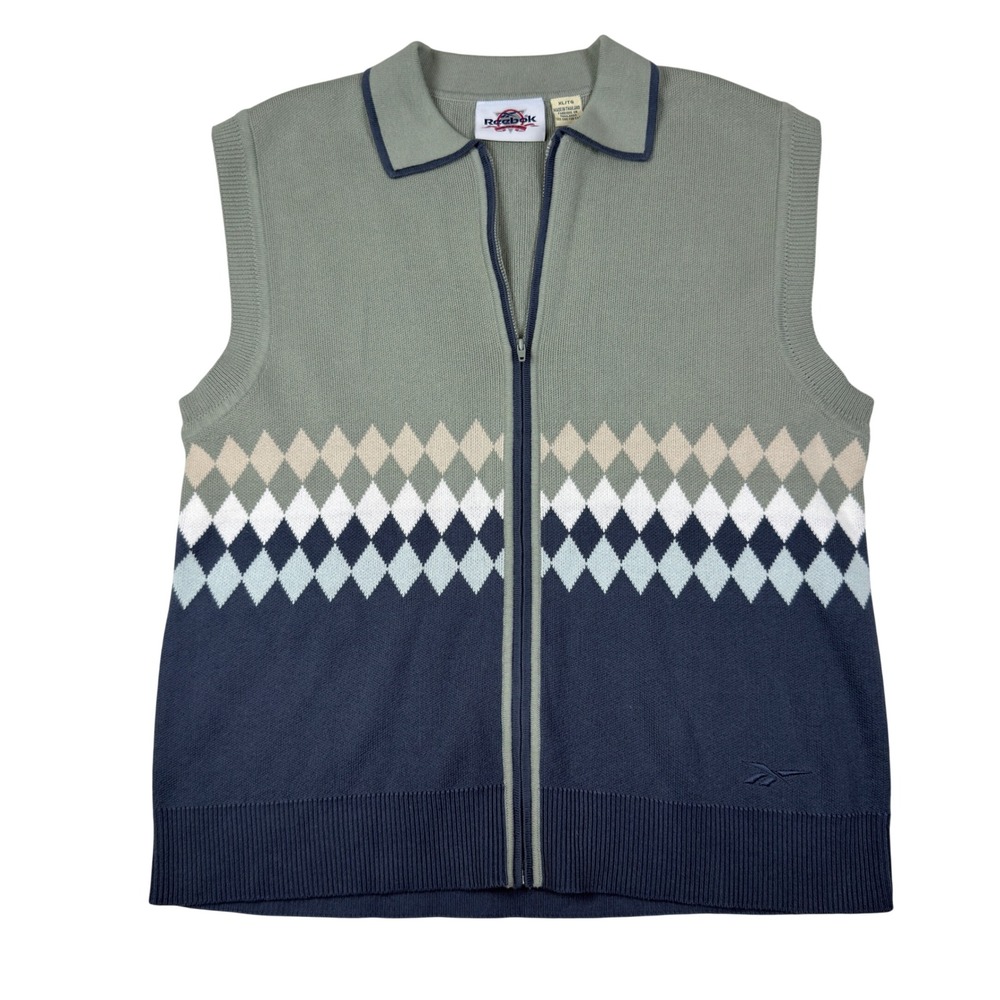 Vintage Reebok Golf Sweater Vest Women XL Green Blue Argyle Zip Front Cotton